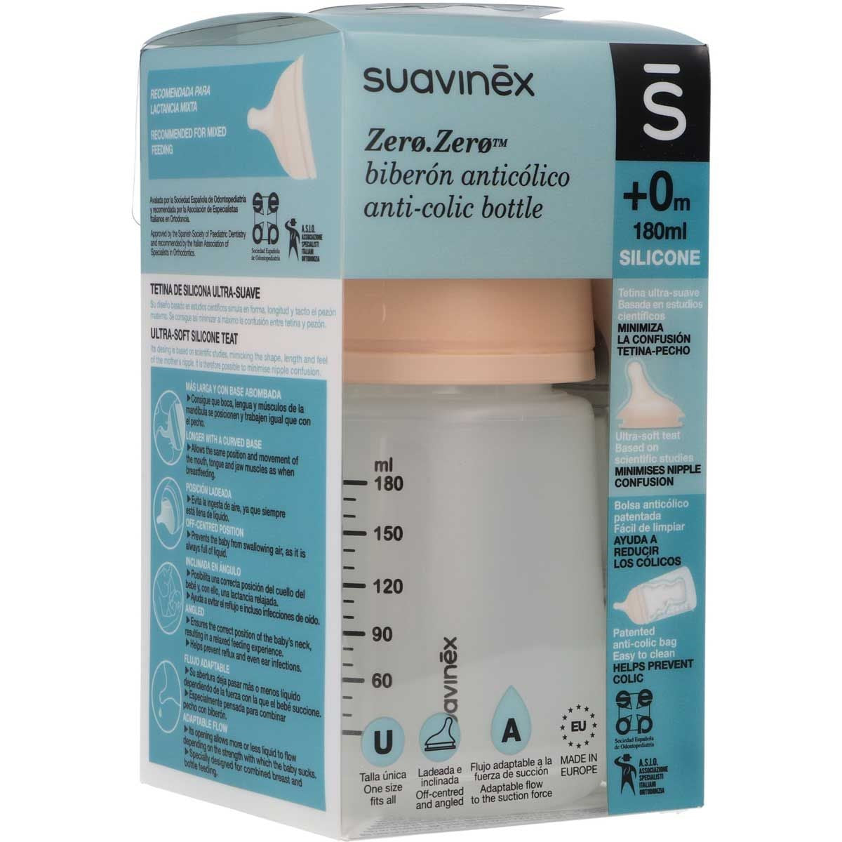 Suavinex, Biberón anti cólico cero con chupete especial de lactancia (A),  para bebés +0 meses, biberón recién nacido, ideal para lactancia mixta