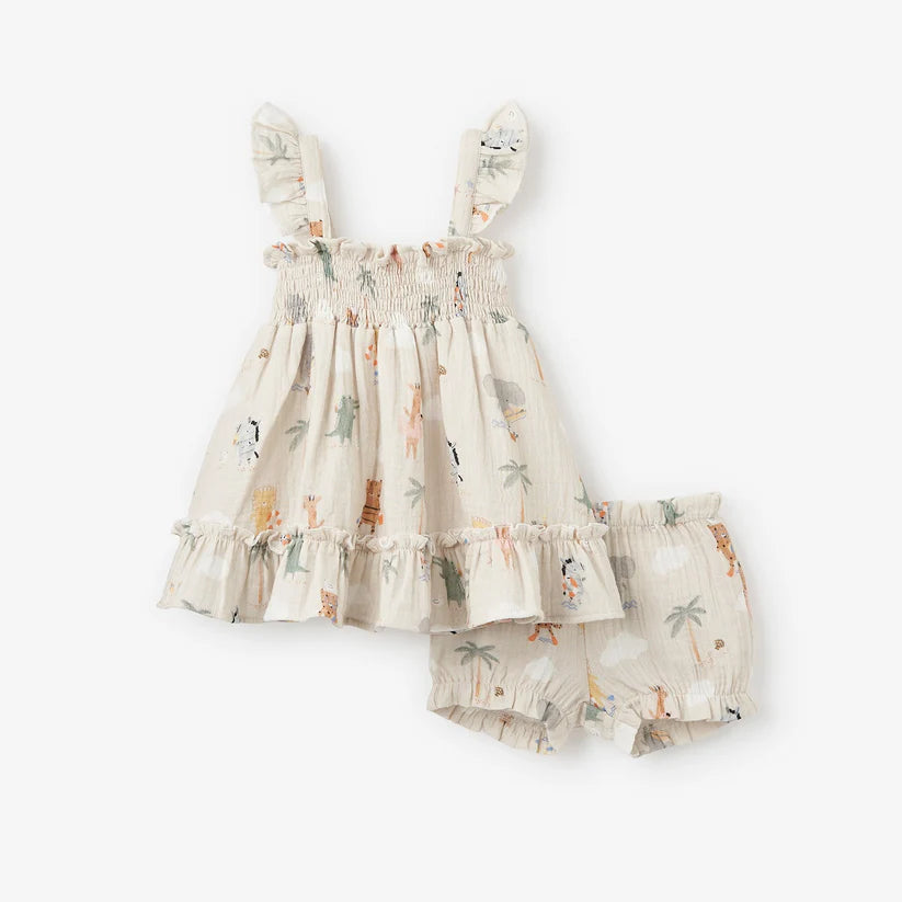 Elegant Baby Seaside Safari Organic Muslin Smocked Sundress & Bloomers