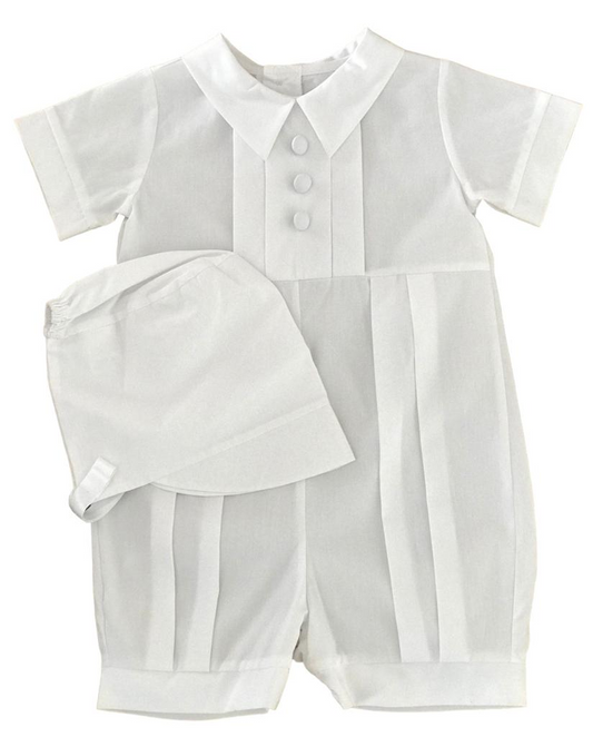 BAUTIZO 100% COTTON PLEATED ROMPER W/HAT